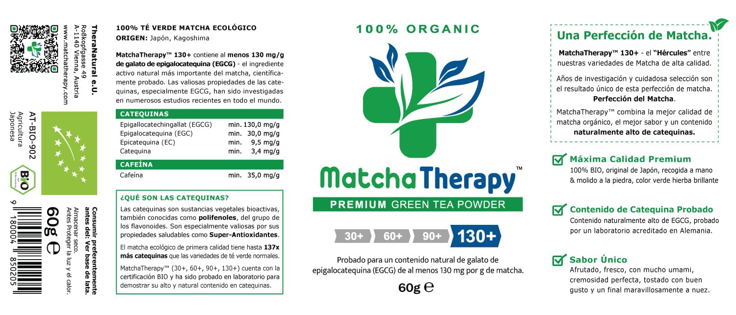 MatchaTherapy 130+ | Té Matcha 100% Ecológico | 60g | Al menos 130 mg/g de contenido de catequina probado EGCG | Apoya el sistema inmune & Nivel de Energia | Grado Premium | Té verde de Japón