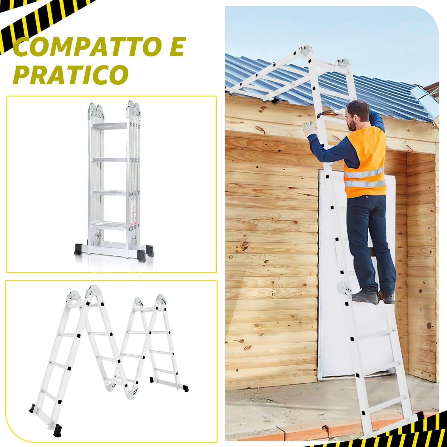 Herrselsam Scala multiuso 4 x 4, 7 in 1, 470 cm, in alluminio, con 2 piattaforme e ruote, portata massima 150 kg, scala multifunzione 16 pioli (DY8972-M-1x)
