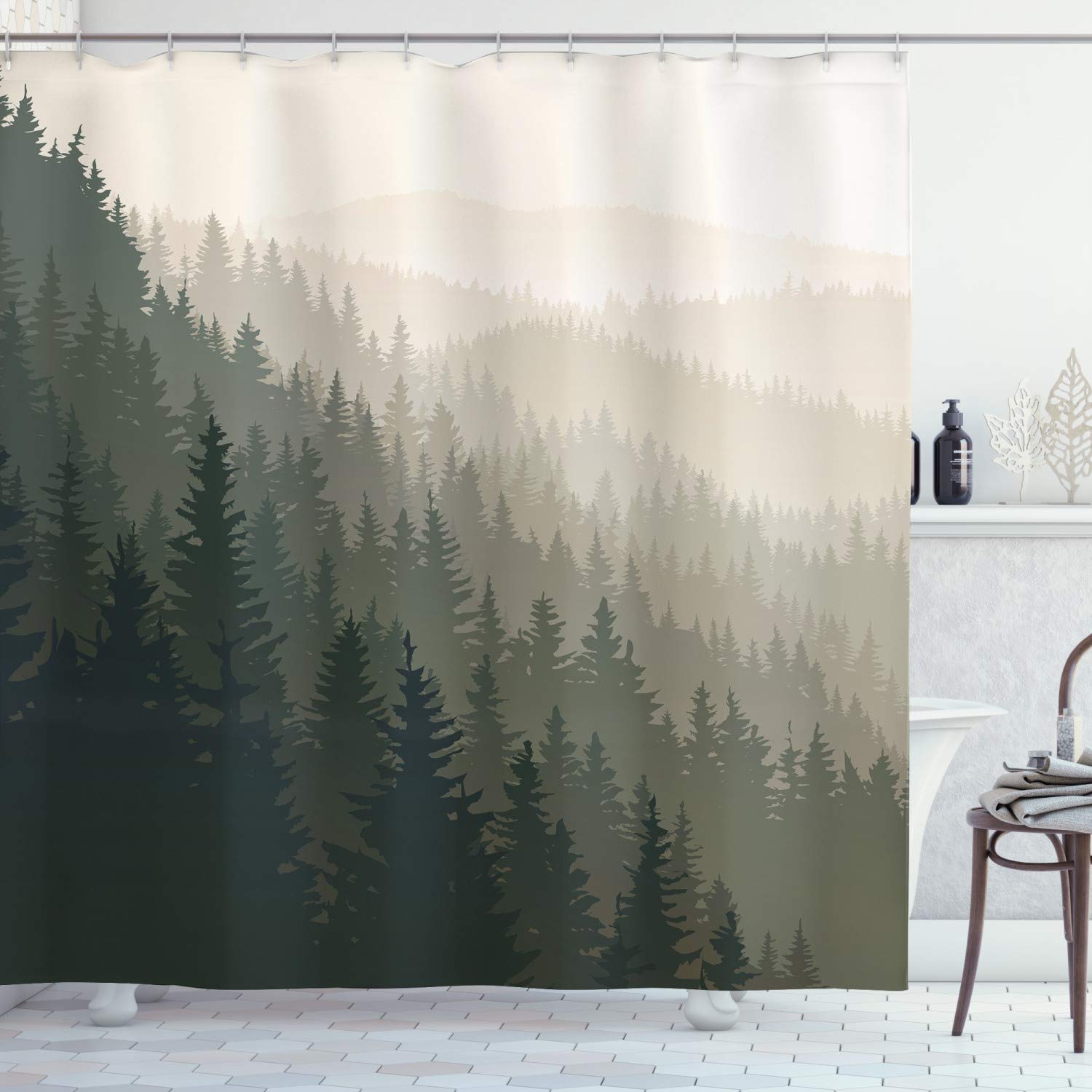 ABAKUHAUS Forest Shower Curtain, Northern Parts of the World Coniferous Trees Scandinavian Woodland