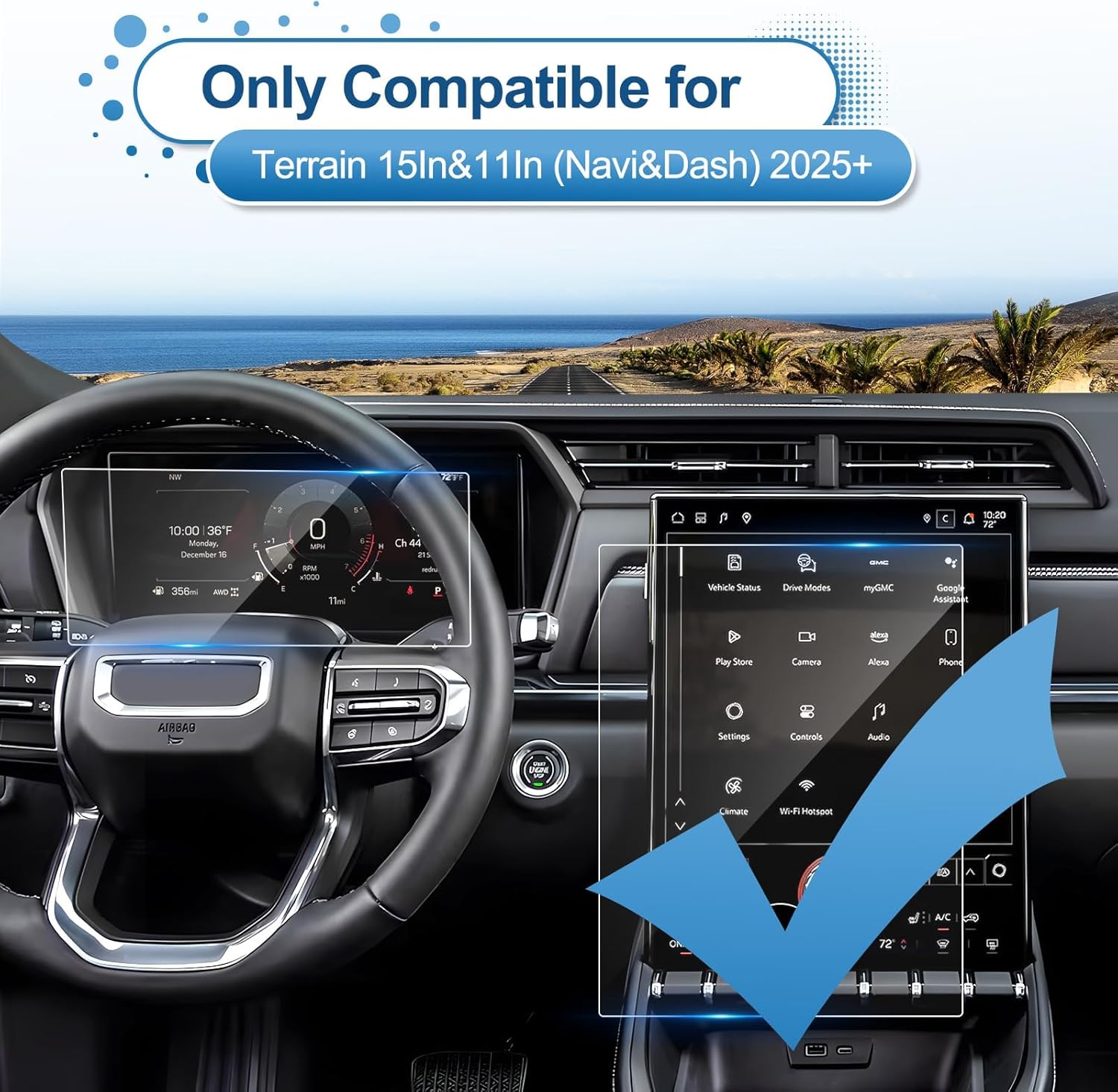 (2Pack) 2025 2026 Terrain Screen Protector for GMC Terrain (15Inch Navi+11Inch Dash) (Elevation/Denali/AT4), 9H Tempered Glass 2025 2026 Terrain Accessories Anti-Scratch&HD Transparent 15"&11"