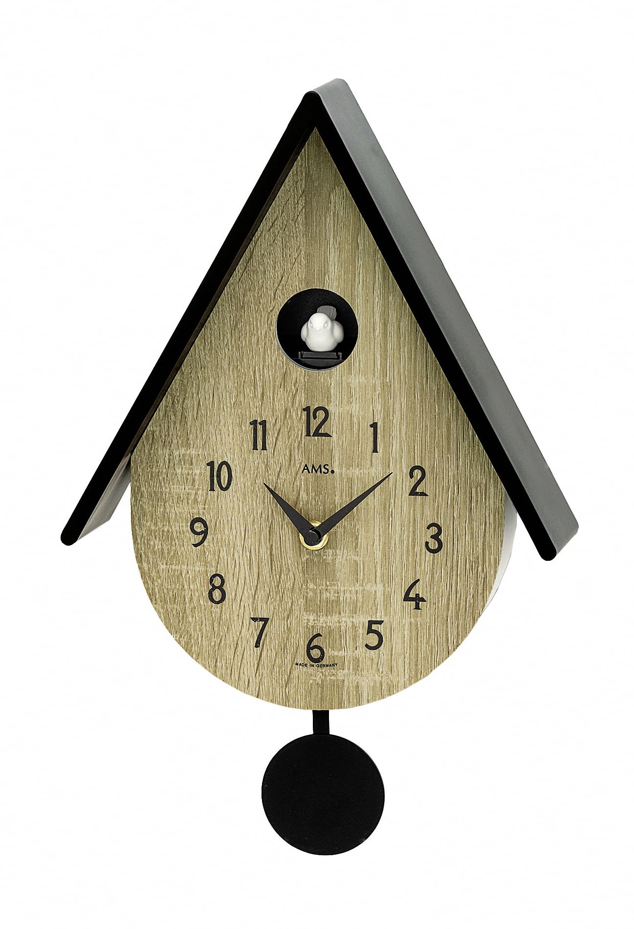AMS Horloge à coucou moderne - Pendule à quartz aspect chêne Sonoma - Horloge murale design avec appel à coucou et pendule noire - Horloge contemporaine pour votre maison (aspect chêne Sonoma)