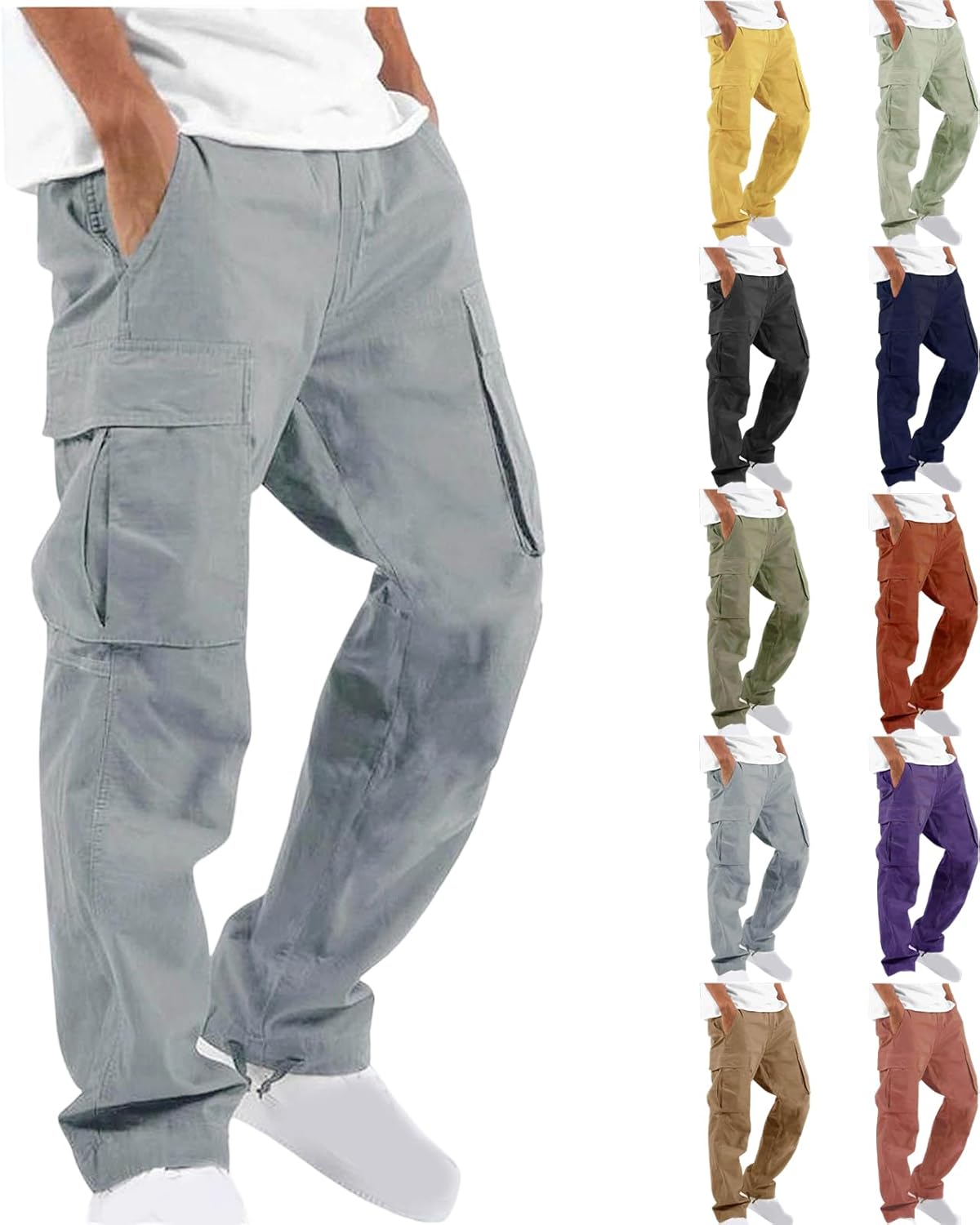 Mens Cargo Pants Elastic Waist Drawstring Relaxed Fit Outdoor Joggers Straight Leg Hiking Workout Pants with Pockets