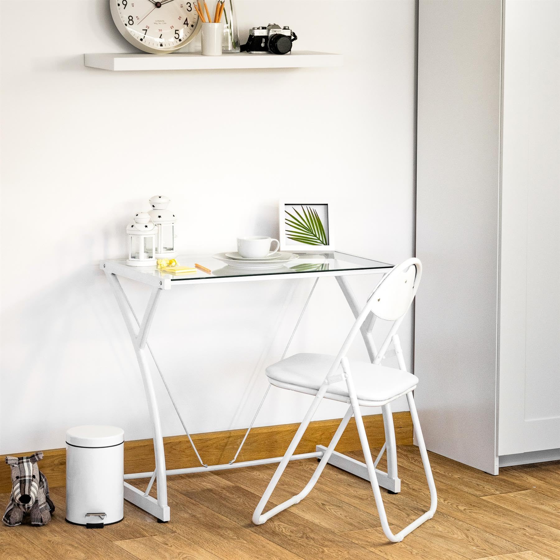 2pc Blanco/Blanco Juego de Escritorio y Silla con Tapa de Vidrio - 80cm x 50cm x 71cm Pequeño Oficina en Casa Dormitorio Juegos de Computadora Estudiar Mesa - Por Harbour Housewares
