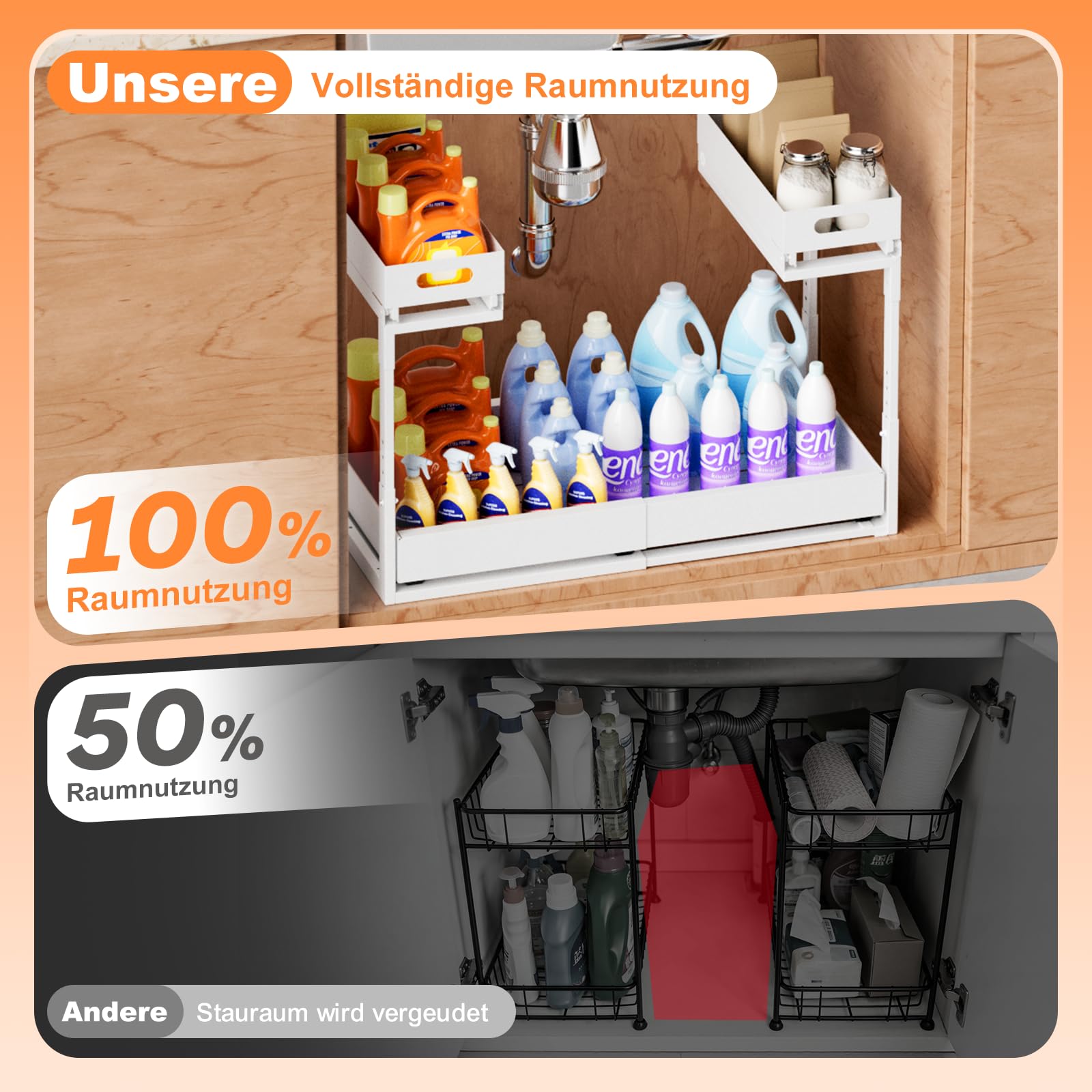 YJHome Upgrade 1 Stück Spülschrank Organizer Ausziehbare, Größe Metall Metall Spülenunterschrank Organizer Verstellbare Breite Höhe Under Sink Organizer für Küche, Bad, Unterschrank, Weiß