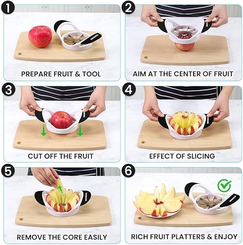 Vista 12 de SCHVUBENR Cortador de manzana grande de 4.72 pulgadas con 12 cuchillas, cortador profesional de manzana, descorazonador de manzana de acero Rojo