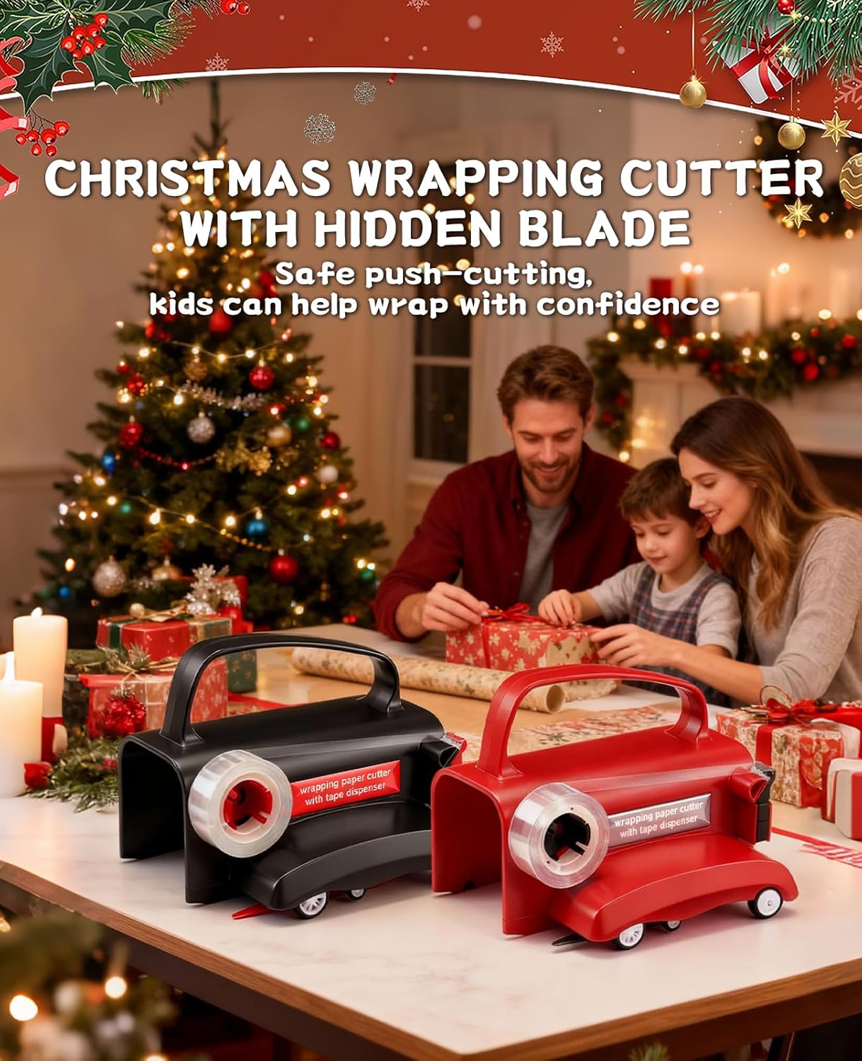 2-Pack Wrapping Paper Cutter with Wheels & Tape Dispenser - Gift Wrap Tool Kit with Replaceable Blades for Christmas, Birthday - Safe, Efficient, and Precise Cutting