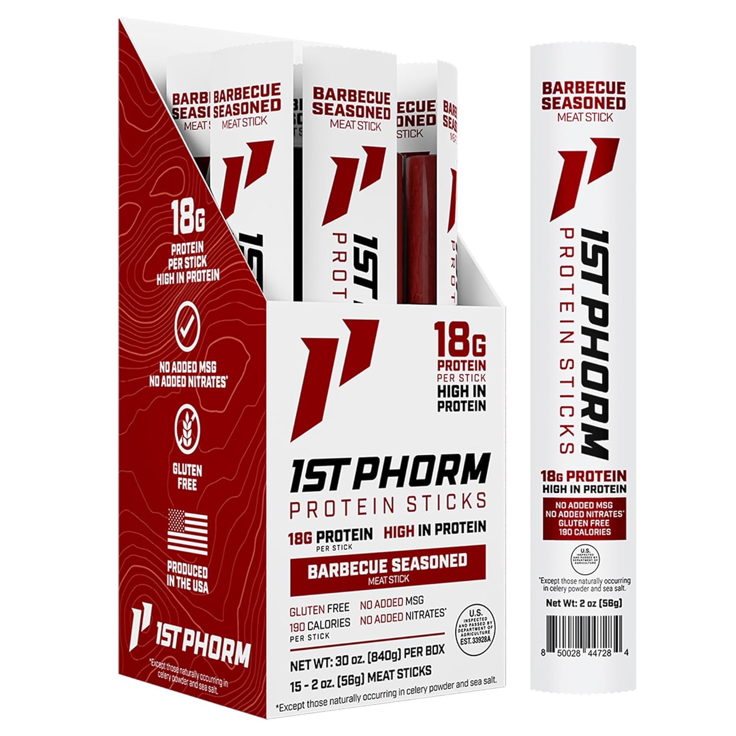 1st Phorm Meat Sticks, Seasoned BBQ Protein Snacks, 18g Protein Per Serving, Pork & Beef Sticks, Healthy Snacks On The Go, Gluten Free, Low Carb, Low Sugar, No Added MSG or Nitrates, 15 Count
