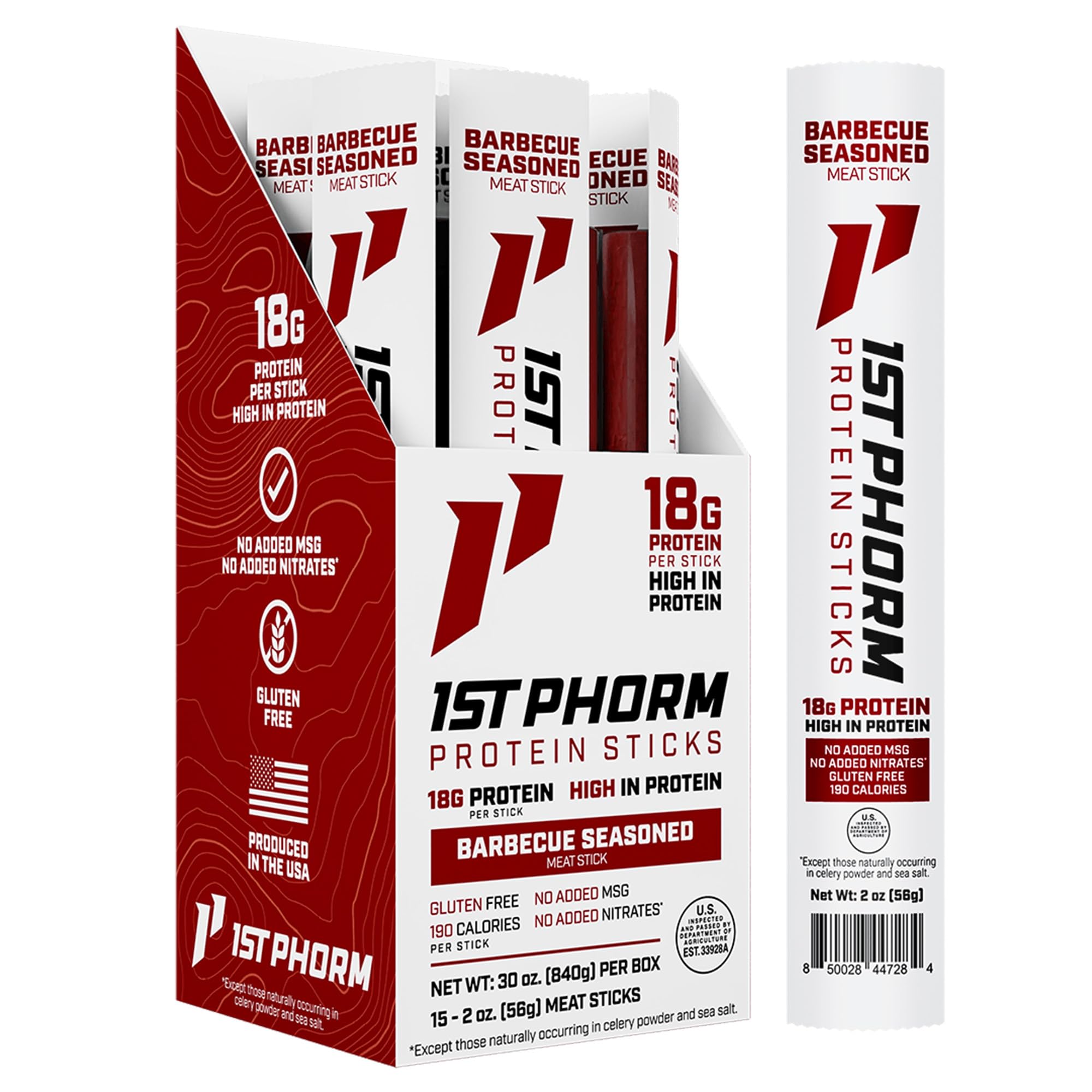 1st Phorm Meat Sticks, Seasoned BBQ, 18G Protein per Serving, USA Raised Lean Beef and Pork, High Protein Snacks, Gluten Free, No Msg or Nitrates,