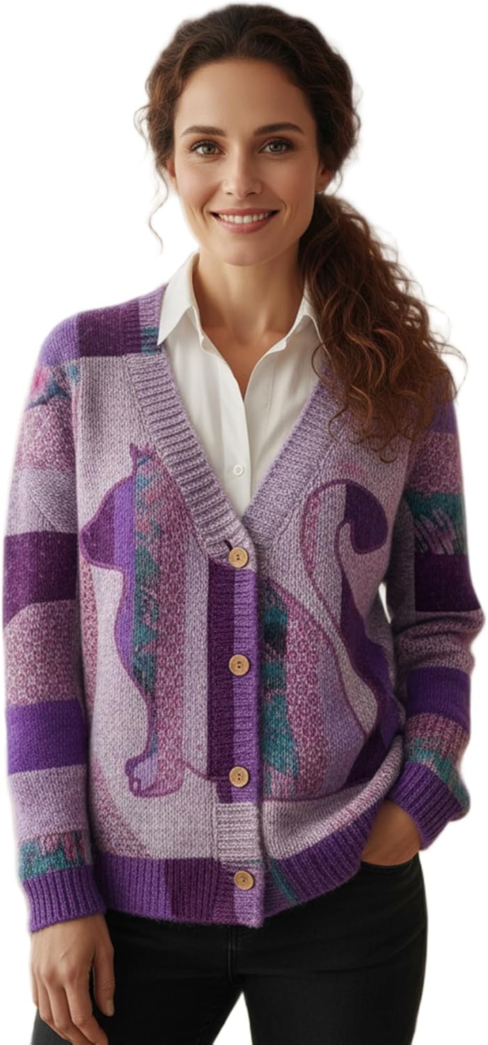 Womens V Neck Button Front Knit Cardigan Long Sleeve Loose Fit Casual Printed Sweater for Daily Wear