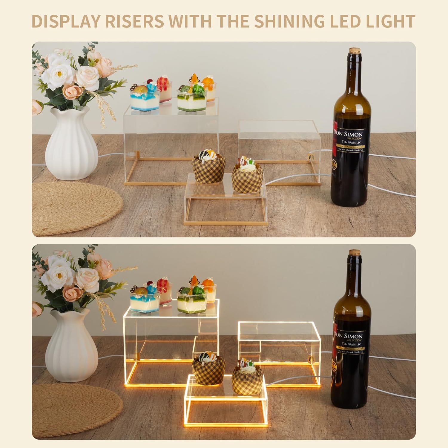 3Pcs Acrylic Display Risers with LED light, Acrylic Cube Box Clear Display Stand with Hollow Bottoms for Figures Dessert Jewelry Perfume Handbag (Clear-3pcs)