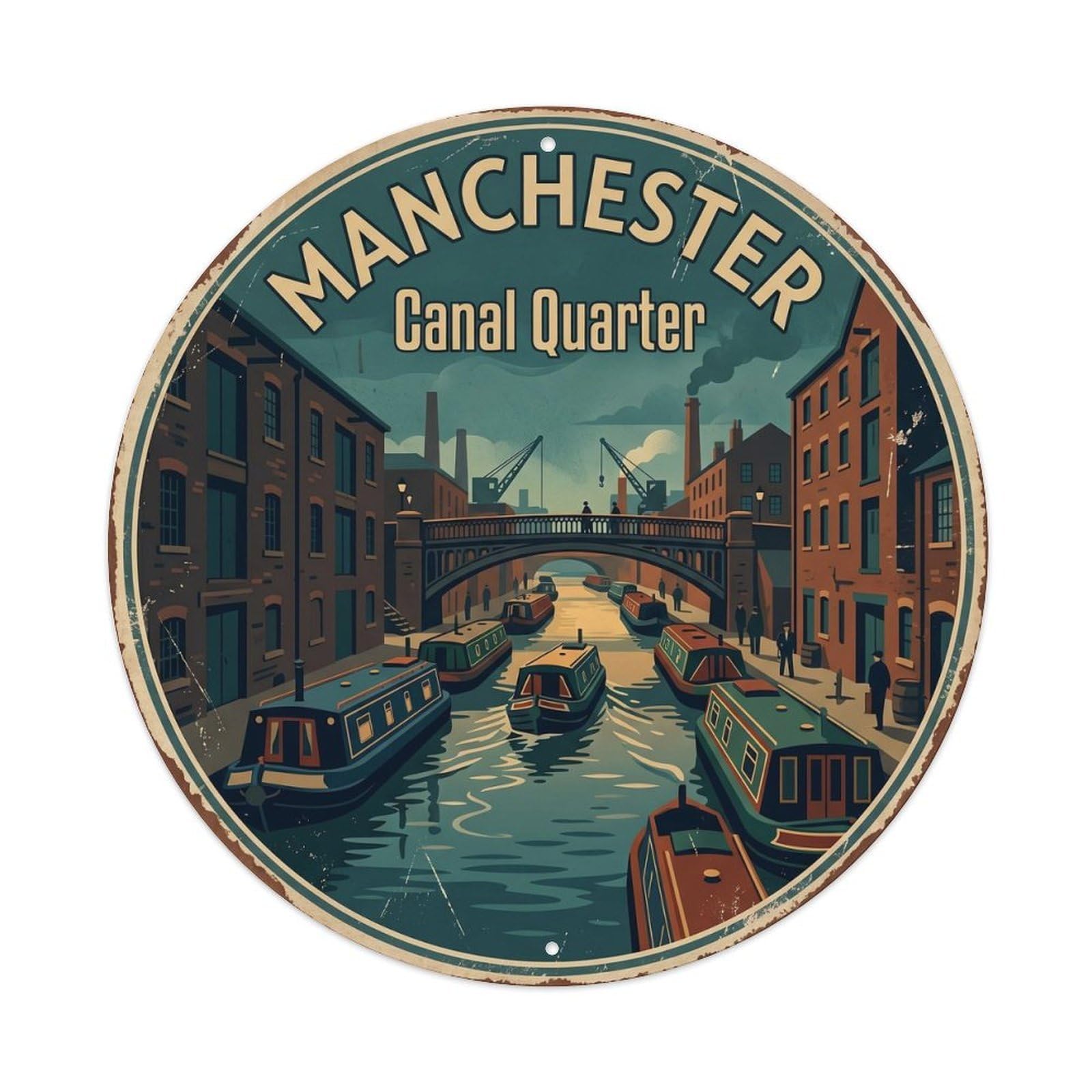Cmhok Vintage Style Vintage Travel Manchester Waterways Metal Tin Sign Plaque Wall Decor For Cafe, Club, Garden Round Metal Poster 8X8inch
