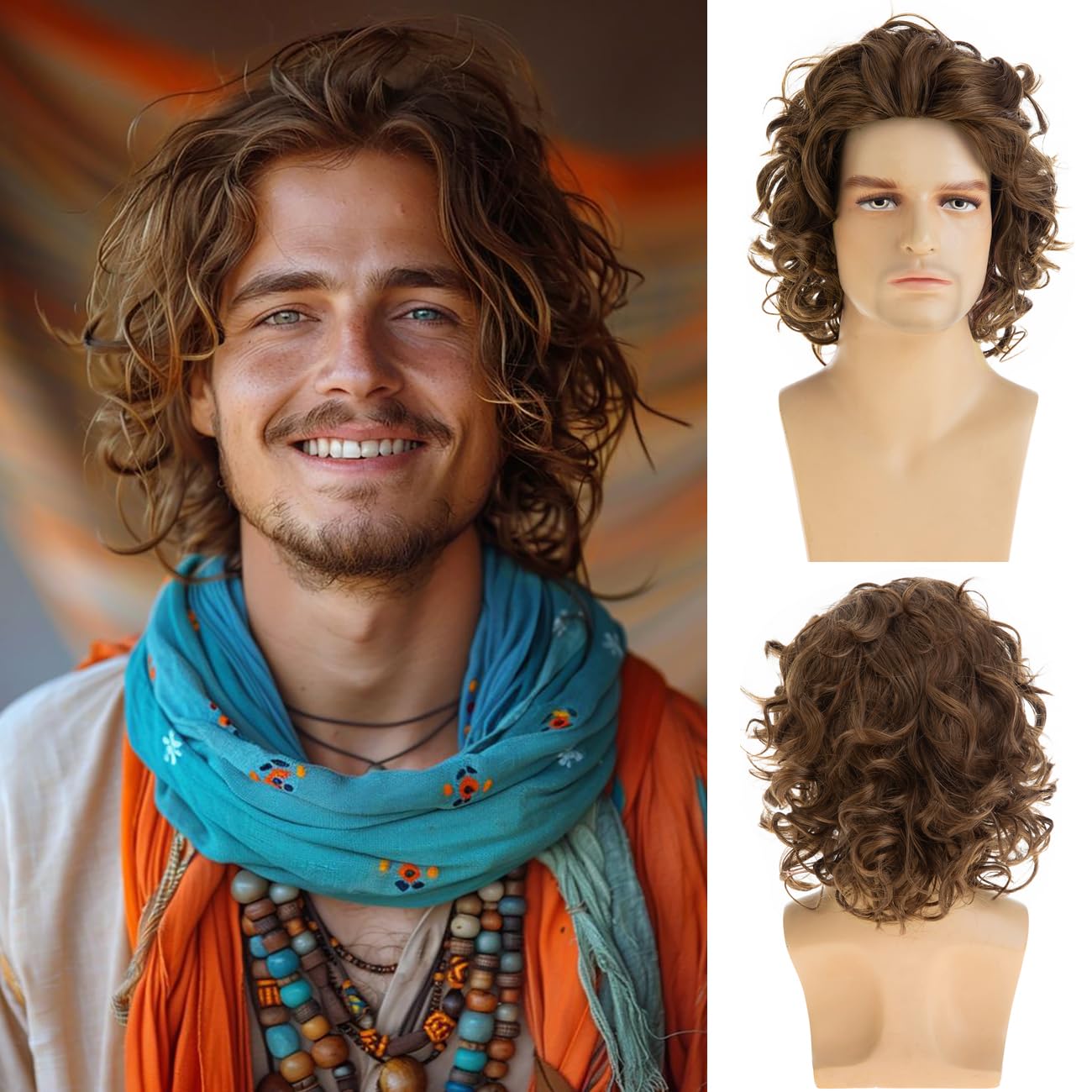 Dsimeig Mens Short Curly Wavy Brown Wig Synthetic Fluffy Cosplay Hair Wigs for Party Halloween Use
