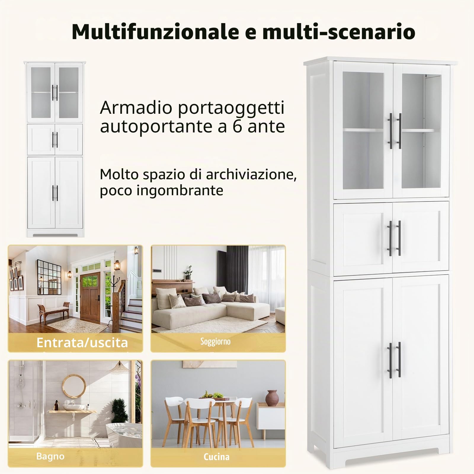 LEADZM Credenza da cucina alta, mobile per riporre oggetti, armadio, ampio spazio con 4 ante, due cassetti per soggiorno, camera da letto, ufficio, 60 x 30 x 170 cm (6 porte)