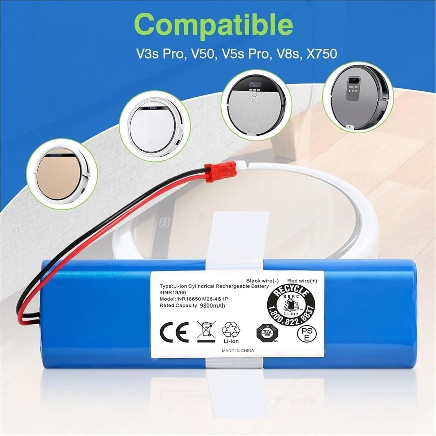 14.8V Battery 2600mAh Lithium Battery, Compatible For Ilife, V3s Pro V50 V5s Pro V8s V80 Max B5 Max S5 Pro X750 Robot Vacuum Cleaner Battery(5600mAh)