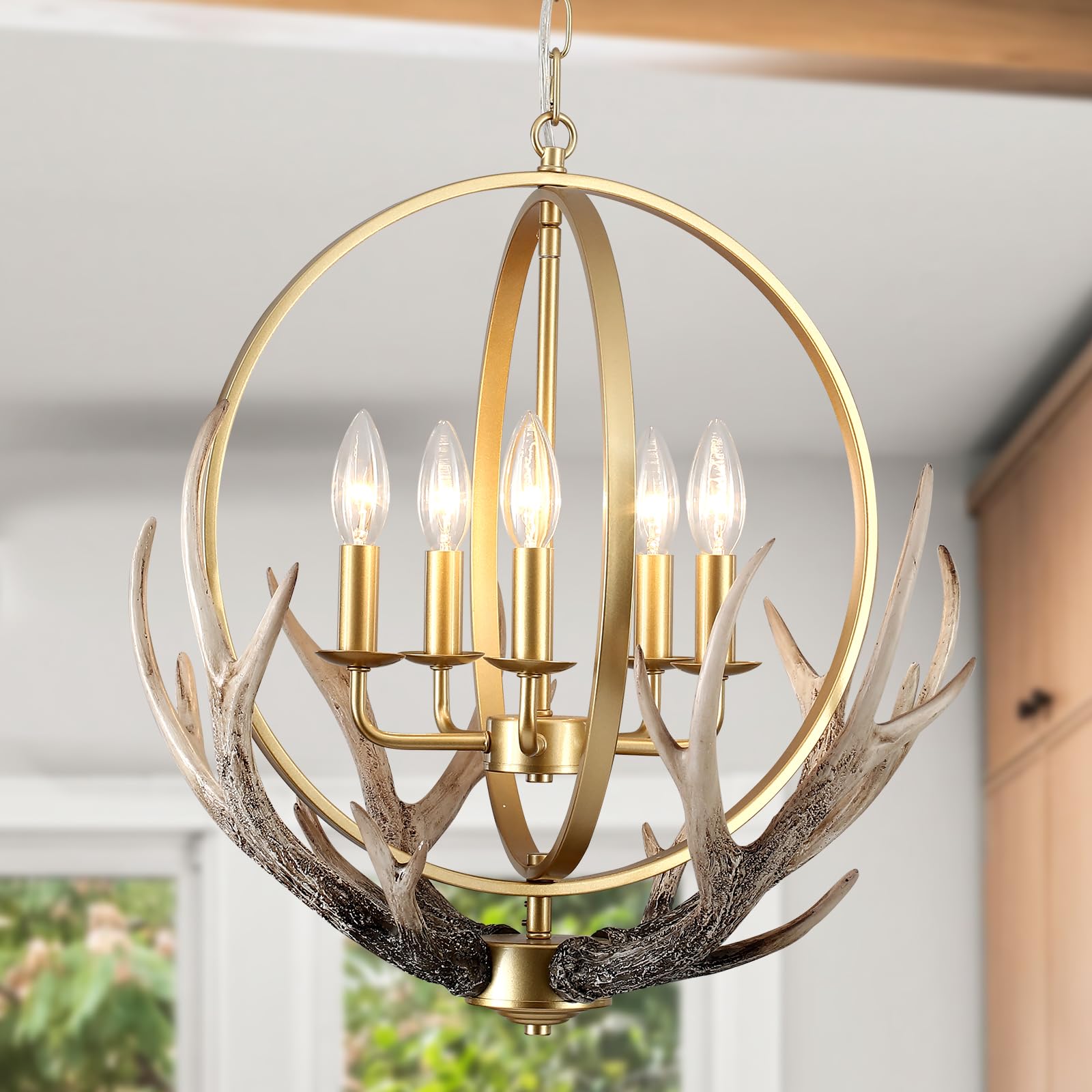 Gold Chandelier Dining Room 5-Light Antler Farmhouse Chandeliers Rustic Adjustable Ceiling Hanging Light Fixture Chandelier for Entryway Foyer Kitchen Island Pendant Light,E12