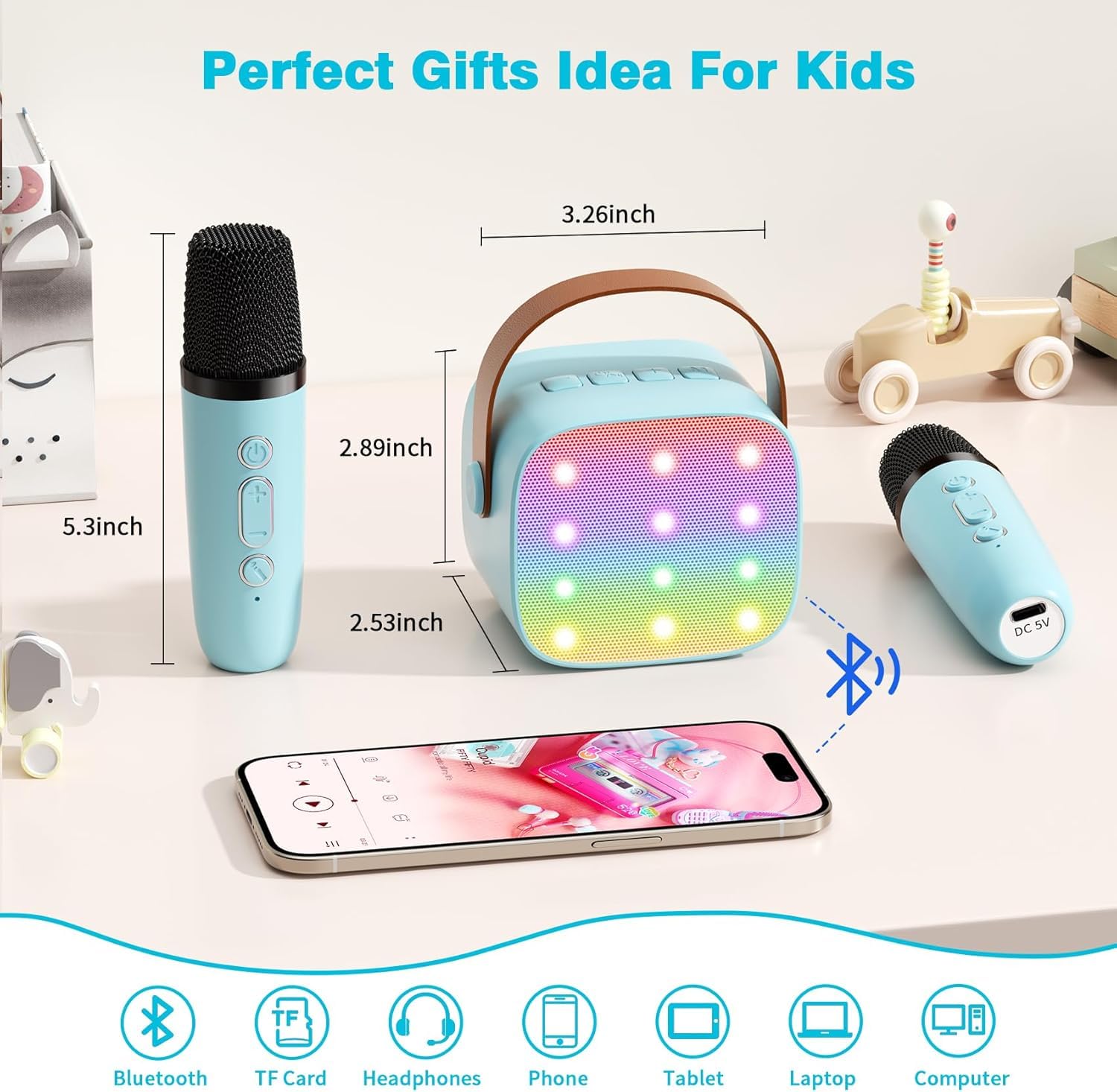 Mini Karaoke Bluetooth Bambini con 2 Microfoni Wireless, Portatile Regalo Compleanno 3-12+ Anni (blu)