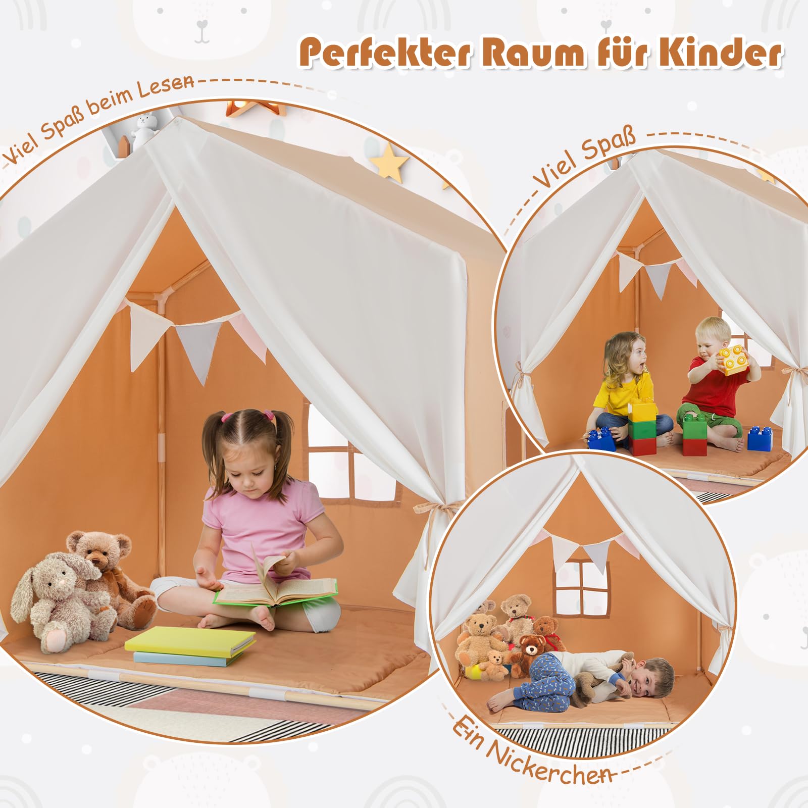 GOPLUS Kinderzelt mit Holzrahmen, Multifunktionaler Kinderspielhaus mit Fahnenbanner, großem Vorhang & 2 Fenster, Spielzelt für Jungen und Mädchen ab 3 Jahren, für Innen- & Außenbereich (Hellbraun)