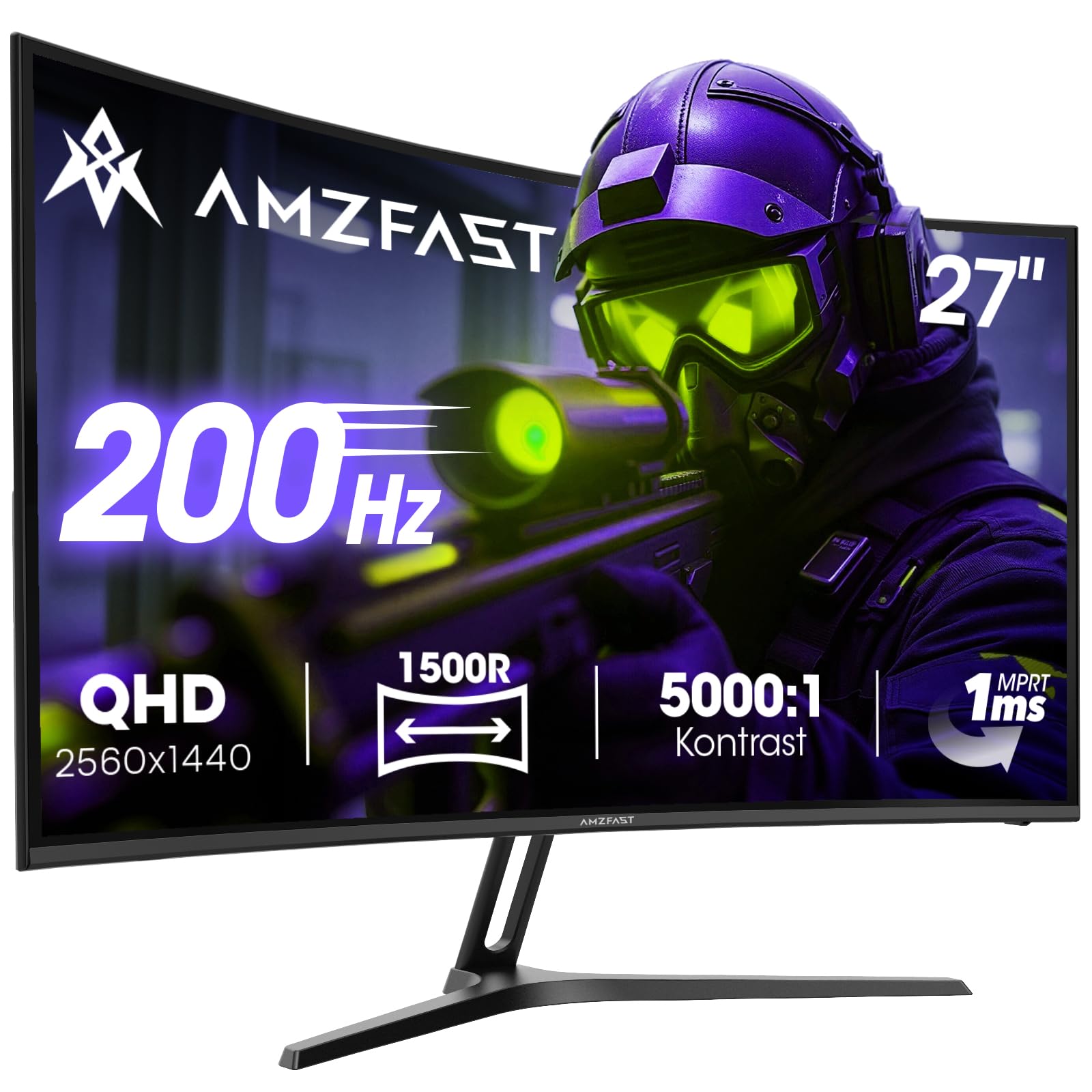 Amzfast Curved Gaming Monitor 27 Zoll - 200Hz, QHD 2560x1440, 1500R, 1ms MPRT, Adaptive Sync, 97% DCI-P3 | 5000:1 Kontrast, HDR, 400 cd/m², VESA 100×100, HDMI 2.0×2, DP 1.4×2 - AMZG27C1Q