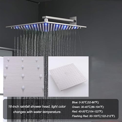 Miniatura 36 de Sistema de ducha termostático dorado cepillado, juego de grifo de ducha LED de lluvia de 12 pulgadas, sistema de cabezal de ducha de cuerpo completo