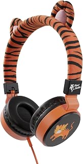 Planet Buddies Kids Headphones, Foldable Wired On Ear Headphones for Kids with Microphone, 85dB Volume Limiter, Cute Tiger Kids Earphones for Tablets and Phones, 100% Recycled Plastics