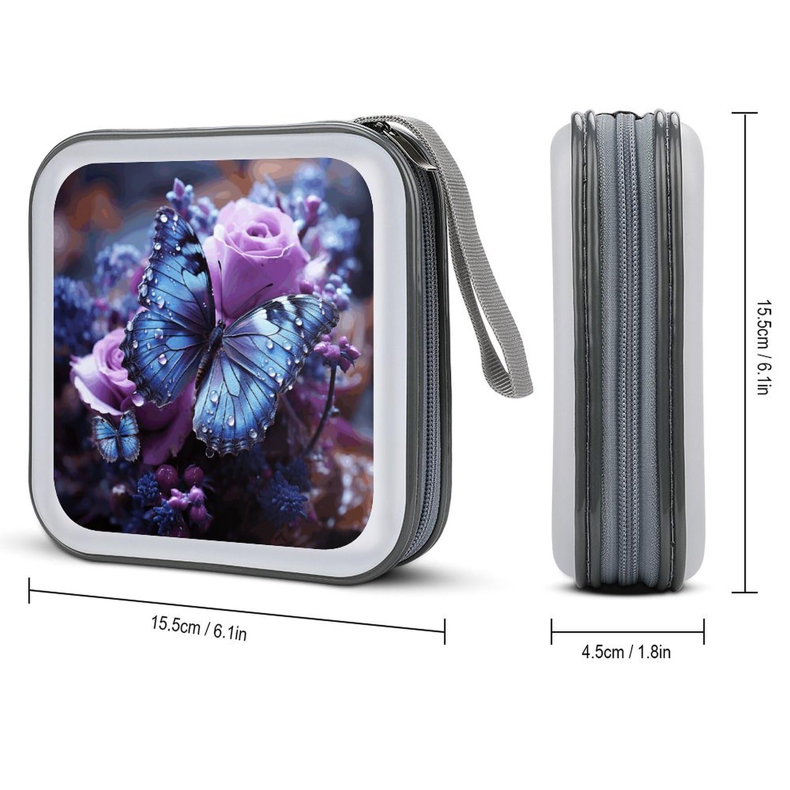 JTREHY 40 Sheets Capacity CD Case Storage Bag,Purple Rose with Beautiful Butterfly Printed Portable Zipper CD DVD Case Holder Large Capacity CD Wallet for Car, Home, Office, Games Disc, Audio Music