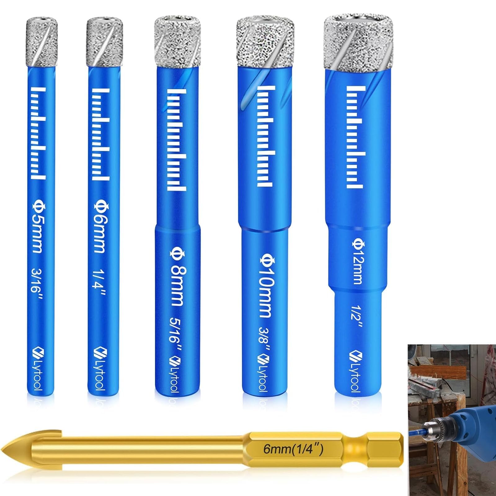 Tile Drill Diamond Drill Glass Drill Bit Set of 6 for Ceramic Granite, Glass, Porcelain, Tiles, Hard Tiles