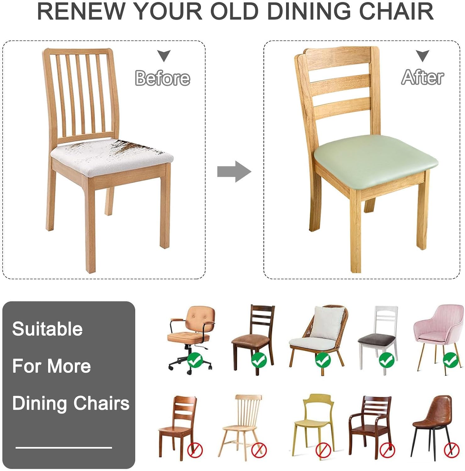 PU Leather Chair Seat Covers Set Waterproof Stretch Dining Room Chair Slipcovers With Ties For Kitchen Office Chairs