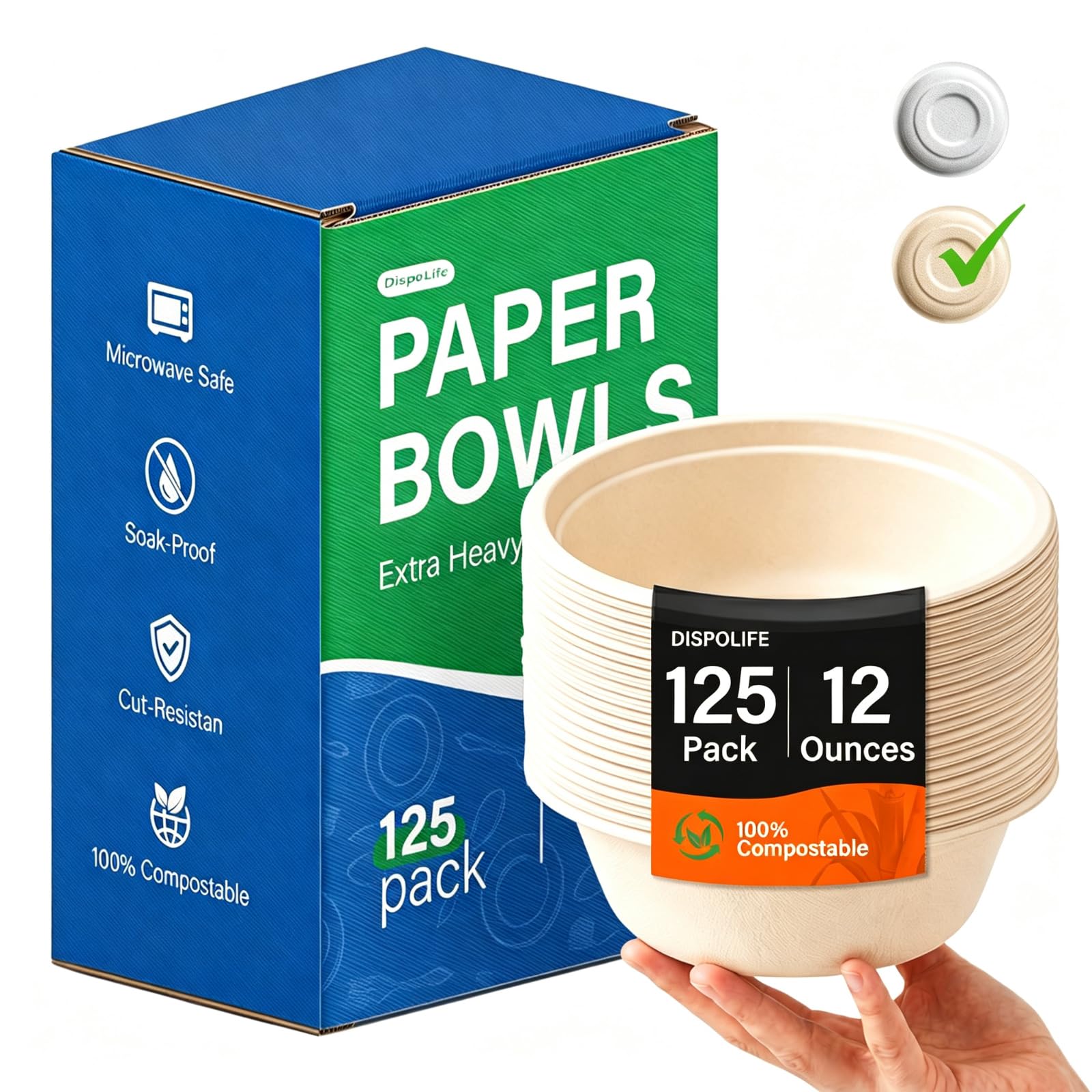 Photo 1 of 125 Pack 12 Oz Disposable Paper Bowls,Heavy-Duty Compostable Bowls for Soup,Pasta,Salad,Cereal & Serving,Eco-Friendly Bagasse Bowls,Small Bowls for Party,Natural