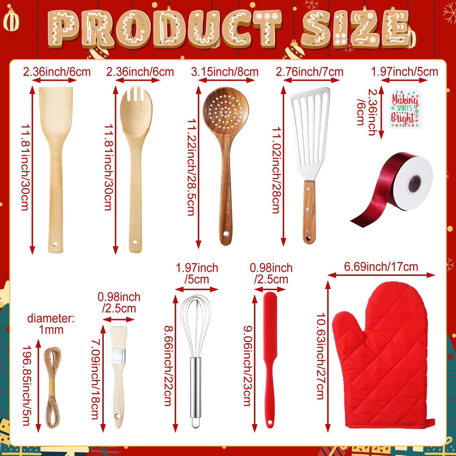 Roshtia Juego de guantes de horno rojos de Navidad, juego de regalo de Navidad para hornear que incluye guantes de horno resistentes al calor, raspadores, batidores, espátulas, coladores para amigos