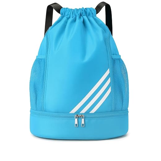 Mochila Esportiva com Cordão Impermeável, Separação Seca e Úmida, Grande Capacidade, Bolsos Laterais em Malha, Ideal para Academia, Viagem e Esportes – Com Listras