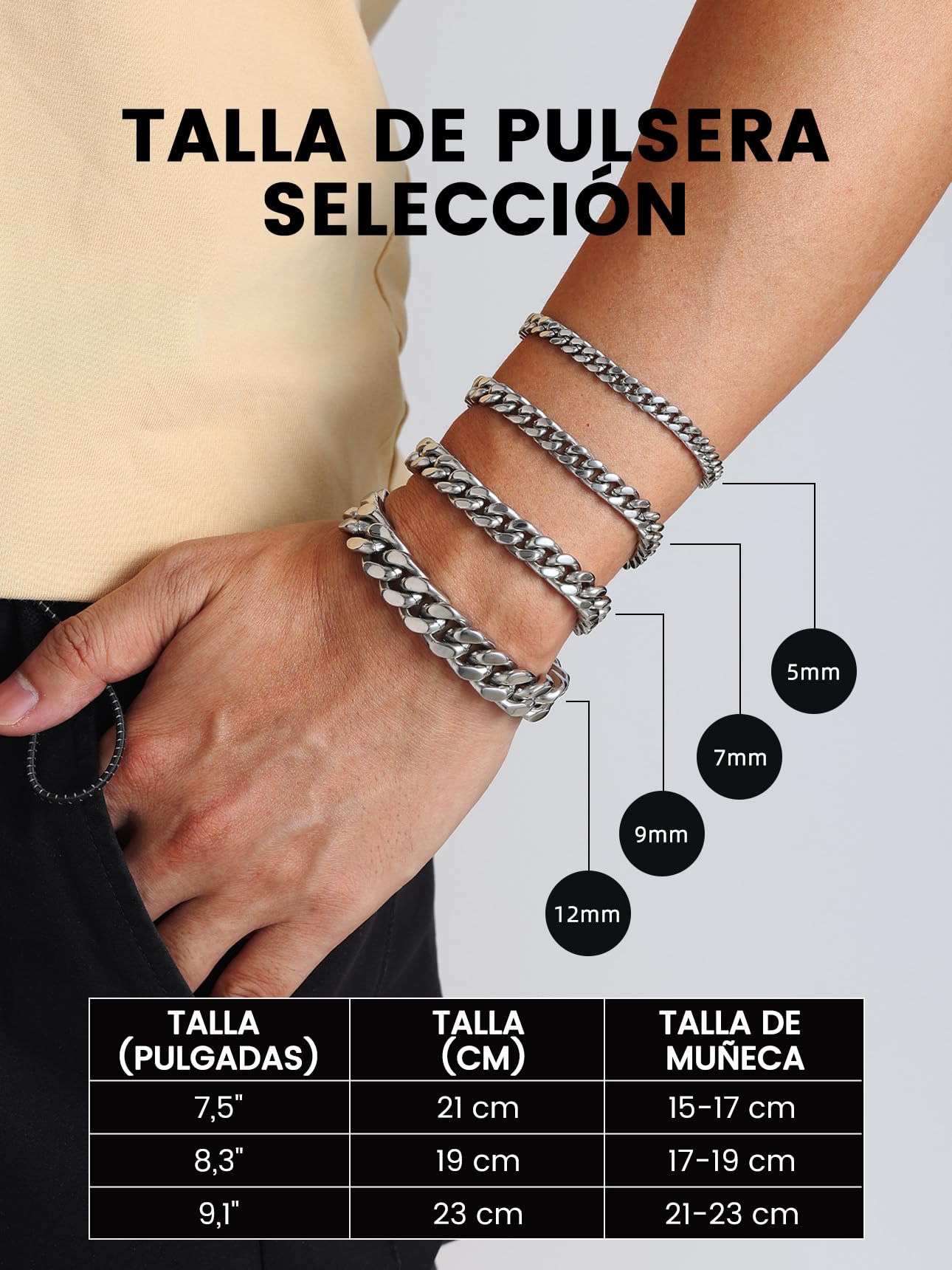 Bestyle Pulseras Cubanas Cadenas Hombre Mujer Acero Inoxidable 316L | Pulsera Eslabones 5/7/9/12mm Ancho,Plateado/Dorado/Negro,19cm/21cm/23cm Longitud Joyería para Hombres