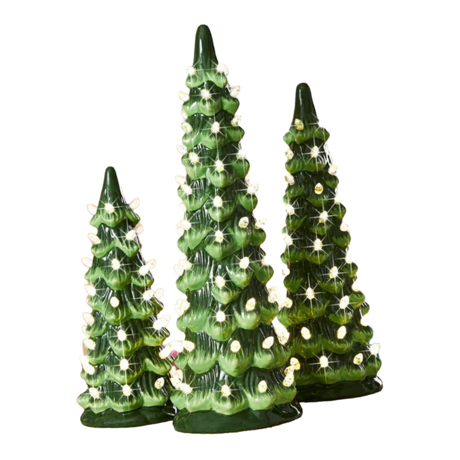 3 árboles de Navidad de cerámica de mesa, retro pintados a mano con temporizador, decoración navideña preiluminada, bombillas LED amarillas, adorno de festival de fiesta en casa