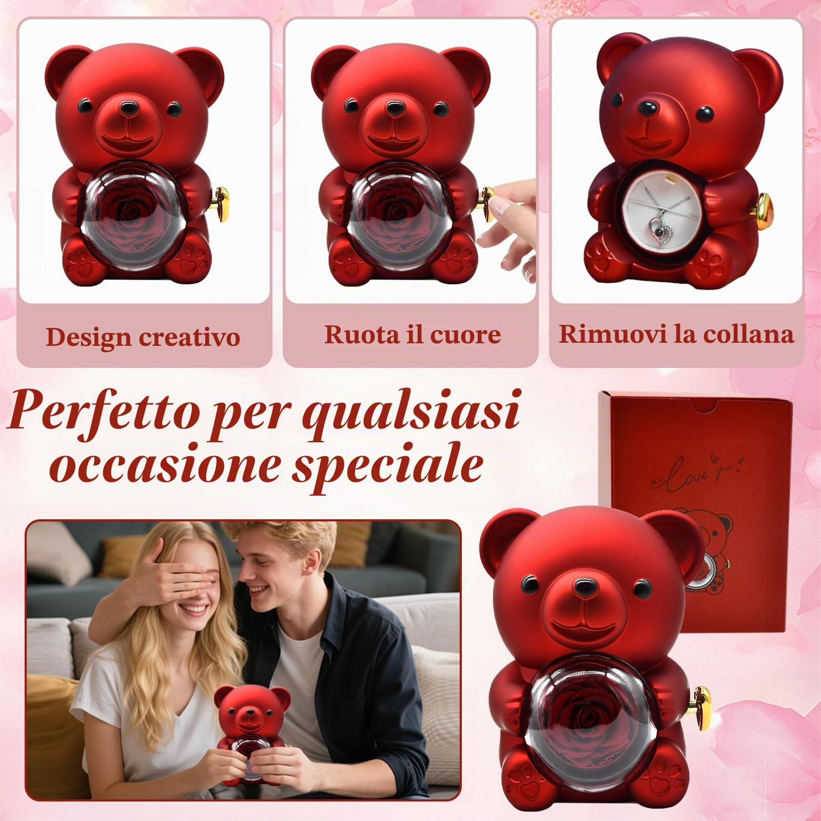 Orsetto Rosa Eterna con Collana a Forma di Cuore,Orso di rosa Eterna Confezione Regalo,Orsetto di Rose Stabilizzate con Scatola per Donna,Mamma,per San Valentino,Festa della Mamma,Anniversario (Rosso)