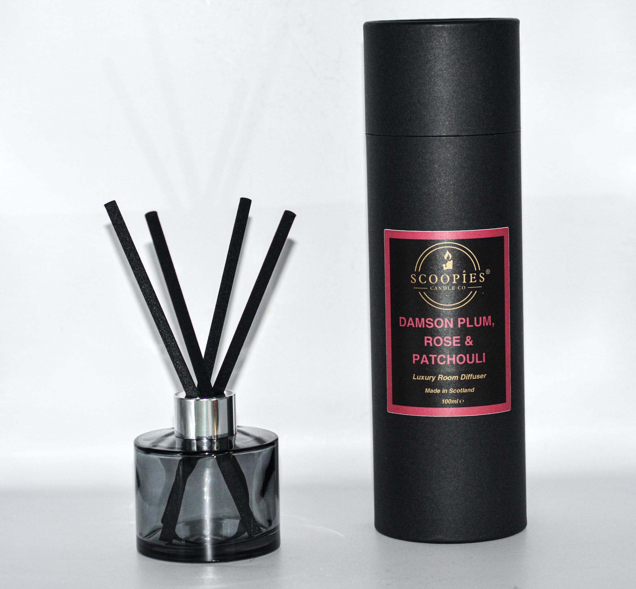 Scoopies Candle Co Luxury Scented Reed Room Diffuser, 100ml, Handmade in Scotland, Vegan (DAMSON PLUM, ROSE & PATCHOULI)