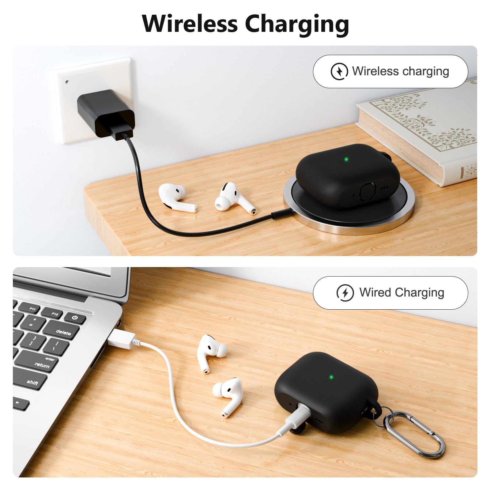 KOKOKA Funda de Silicona Compatible con AirPods Pro 3.ª Generación con Kit de Limpiador, Anti-rasguños, Anti-Polvo, Funda Case Silicona para AirPods Pro 3 con Mosquetón, LED Frontal Visible, Negro - 5