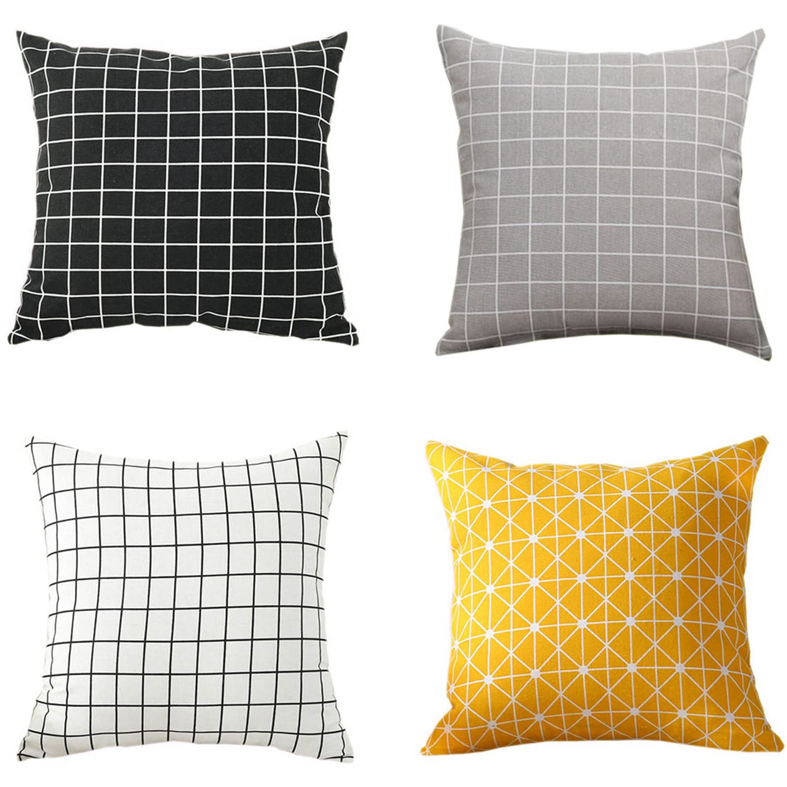 Housses de coussin 65x65cm tartan en lin : lot de 4 taies carrées salon