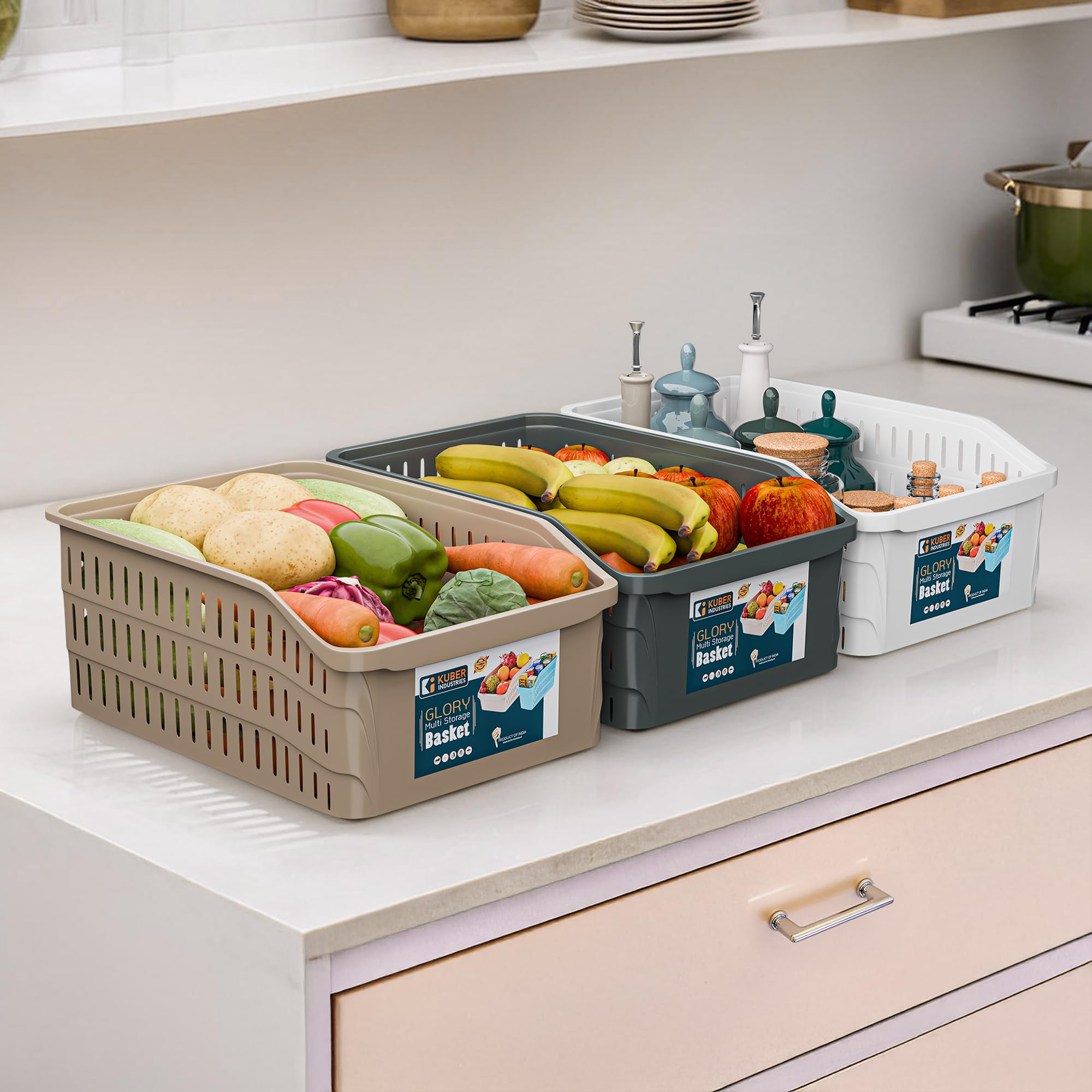 Kuber Industries 5000 ML Set of 3 Plastic Bpa Free Multipurpose Basket for Storage | Fruits and Vegetable Basket for Kitchen and Home Organiser | White, Grey & Beige