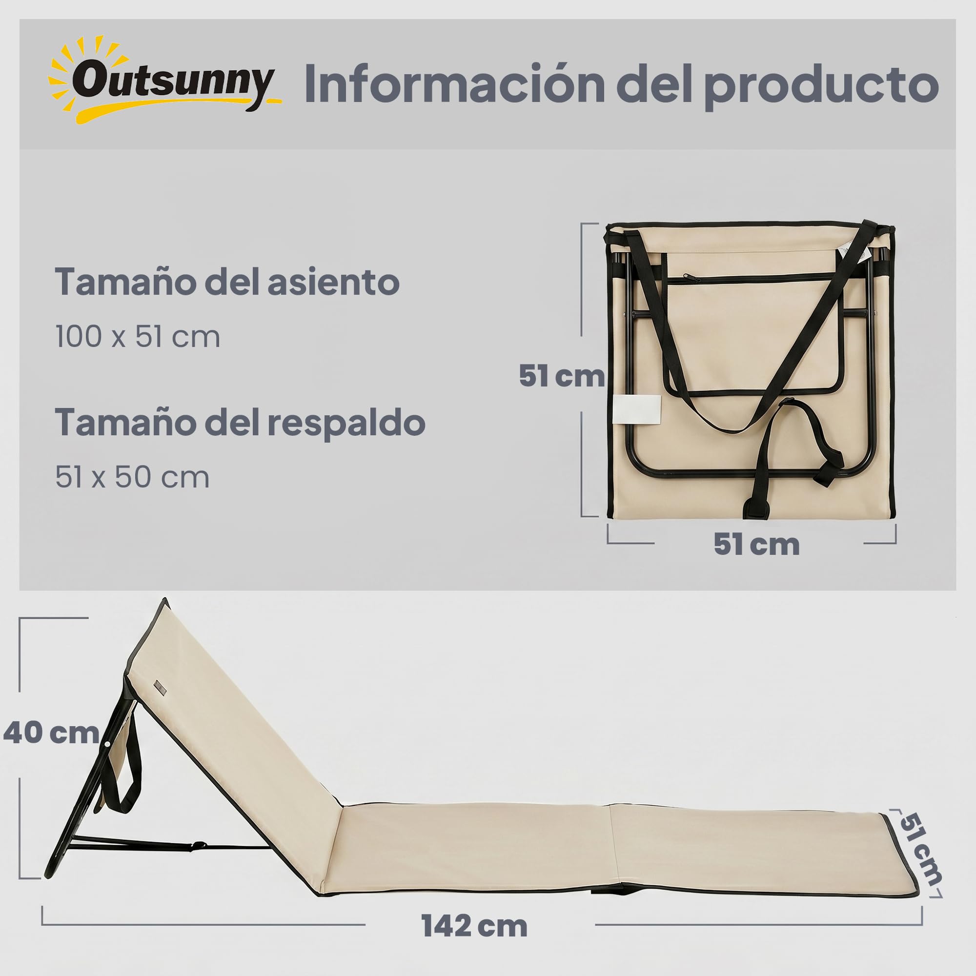 Outsunny Conjunto de 2 Esterillas de Playa Plegable Esteras Acolchadas de Tela Oxford PVC 600D con Respaldo Reclinable y Correa de Transporte para Jardín 142x51x40 cm Beige
