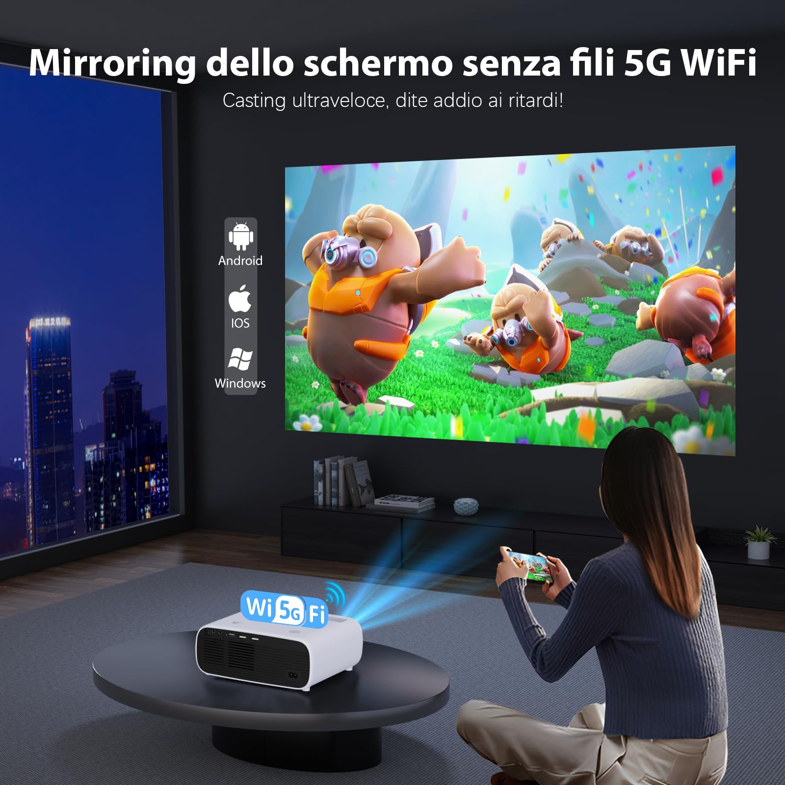 Mini proiettore con Bluetooth e WiFi, proiettore portatile da 18000 lumen, proiettore Home Theatre da 200 pollici, compatibile con iOS/Android/Laptop/HDMI/USB/X-Box
