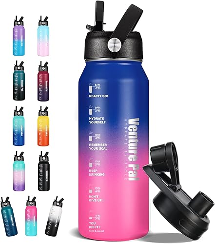Venture Pal Botella de agua aislada, termo al vacío a prueba de fugas de 32 onzas con colador, popote y tapa de boquilla para deportes