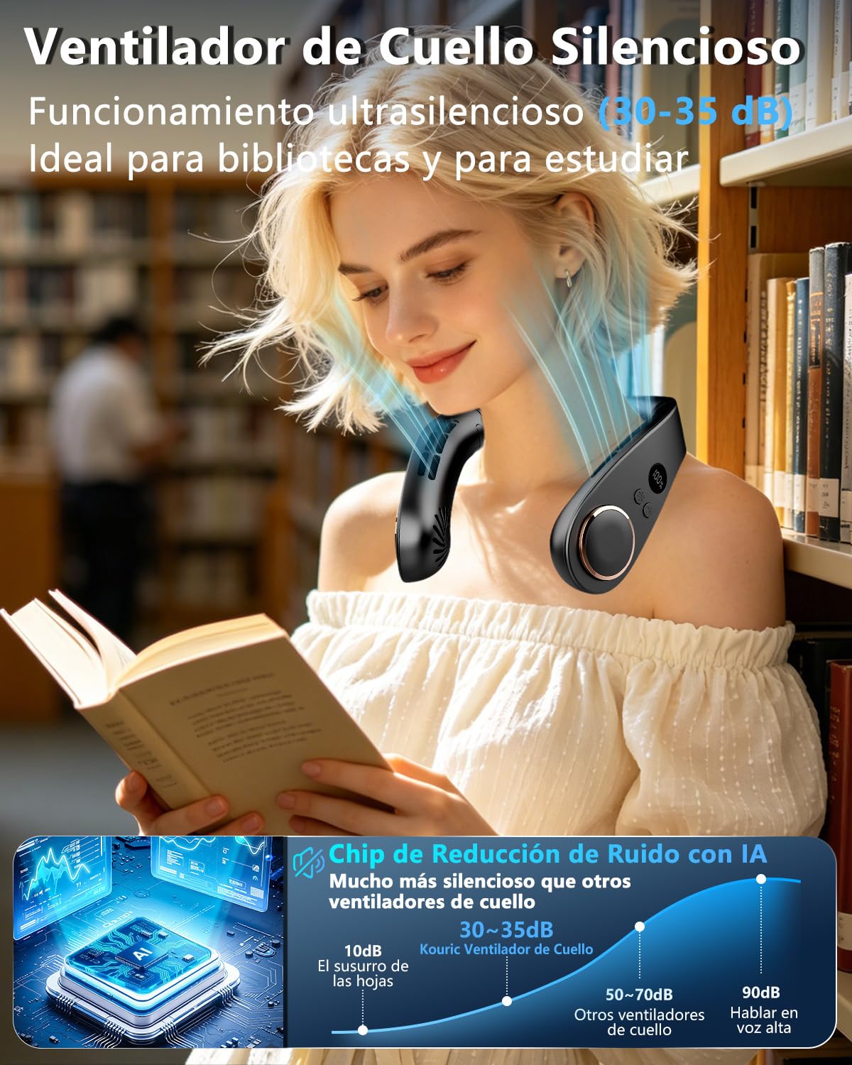 Kouric Ventilador de Cuello con Aire acondicionado Silencioso,5 Velocidades,5500mAh,Pantalla LED para Batería y Velocidad,Hasta 24 Horas,Portatil para Viajes, Oficina, Deportes y Exteriores-Negro