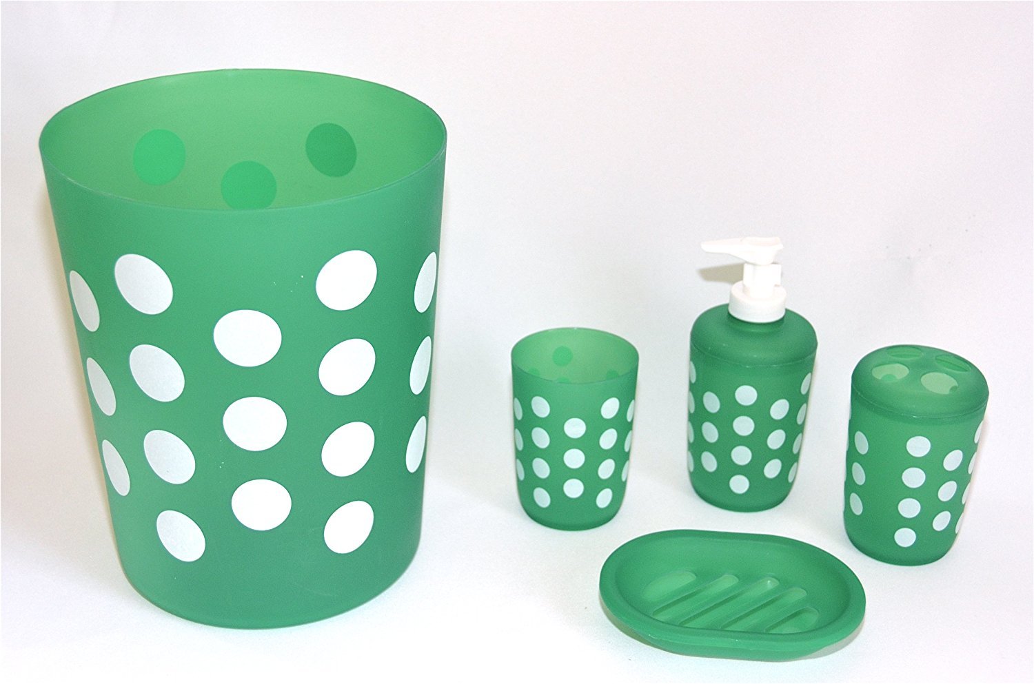 5 Piece Bath Set: Wastebasket, Soap Dish, Drinking Cup, Toothbrush Holder, Tumbler: Green with White Polka DOTS-image-32