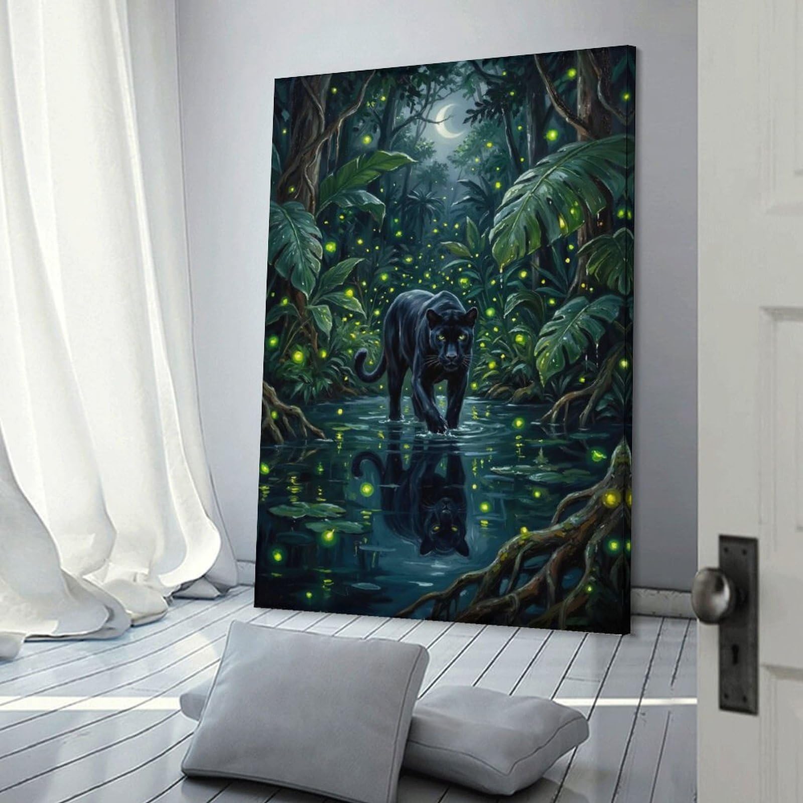 Junmoney Black Panther in Jungle at Night Canvas Wall Picture 08x12inch(20x30cm), for Living Room, Bedroom Or Apartment Walls, Modern Wall Decor for Cosy Interiors