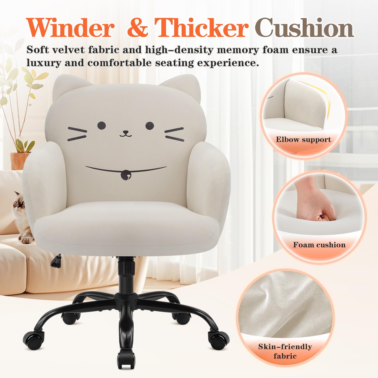 IWMH Home Office Chair Wide Seat Desk Chair Cute Velvet Swivel Vanity Chairs Cat Themed Computer Task Chairs with Wheels Upholstered Modern Accent Armchair for Living Room Bedroom Study Makeup: Cream