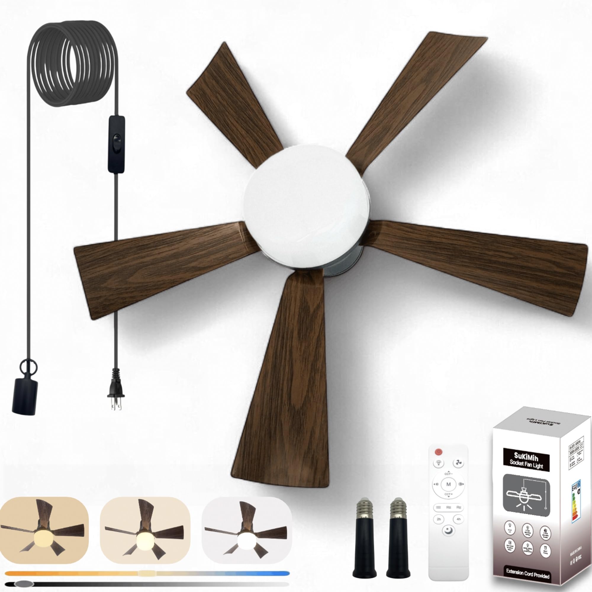 Photo 1 of ***MISSING BLADES***
SUKIMIH Socket Fan Light, 20.5", Plug in Ceiling Fan, Gazebo Fan, Outdoor/Indoor, 16.4 Ft Cord with Hook UL Listed, Ceiling Light with Remote (Dark wood color)