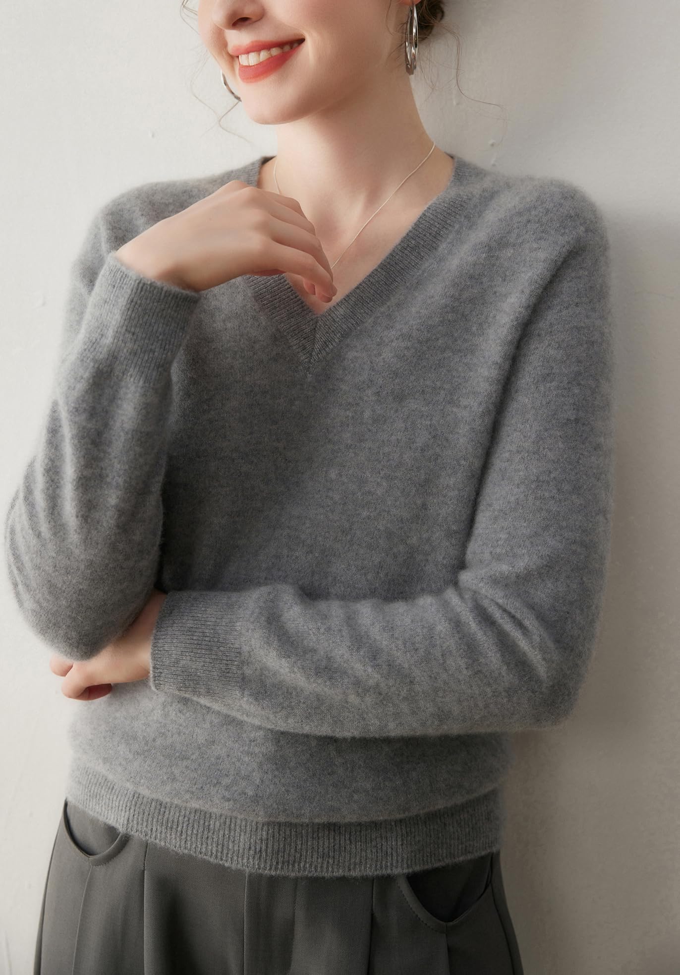 DISSA Pull Femme Col V Manches Longues Cachemire Laine,MA9005