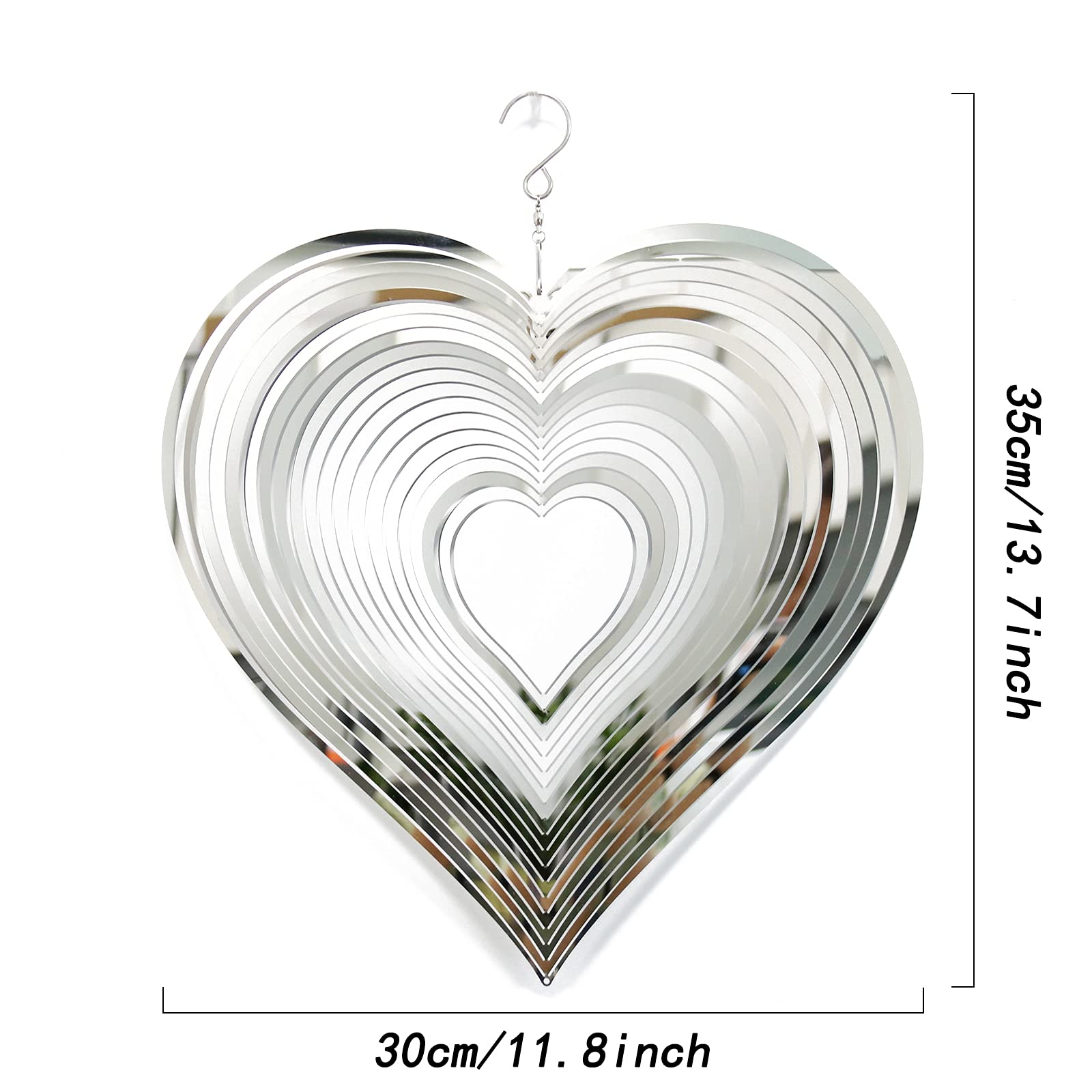 Wind Spinners, 3D Silver Steel Stainless Wind Hanging Spinner, Kinetic 360 Degree Spiral Wind Chimes, Wind Sculptures & Spinners, Metal Heart Spinner for Outdoors Yard Garden Dcor (L 11.8x11.8inch) - Image 2
