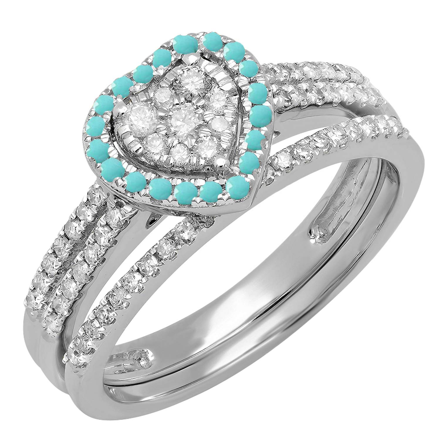 14K Gold Round Turquoise & White Diamond Ladies Heart Shaped Bridal Engagement Ring Set