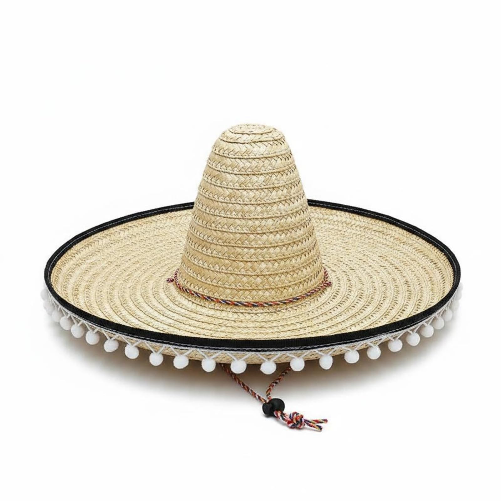 kowaku Mexican Hat Straw Sombreros with Attached White Pom Poms, Beige