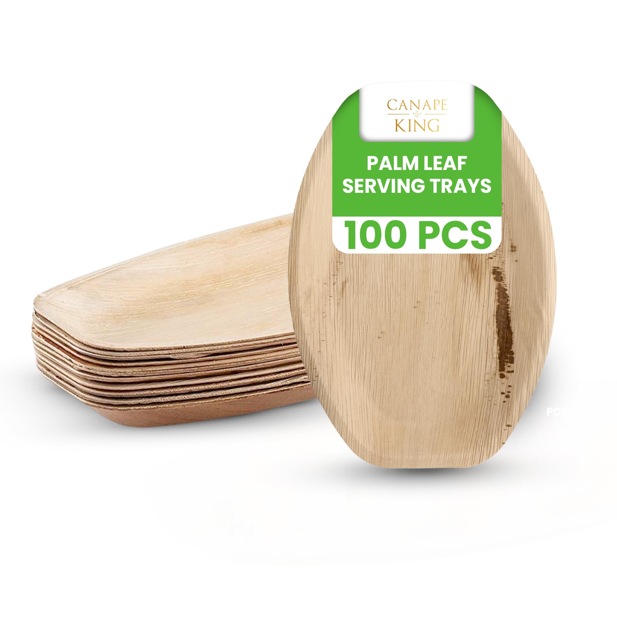Canape King 100x Disposable Palm Leaf Serving Trays - Oval Large (34 x 23 cm) Wooden Serving Platters - 100% Biodegradable and Eco-Friendly Charcuterie Board for Wedding, Party & Picnic